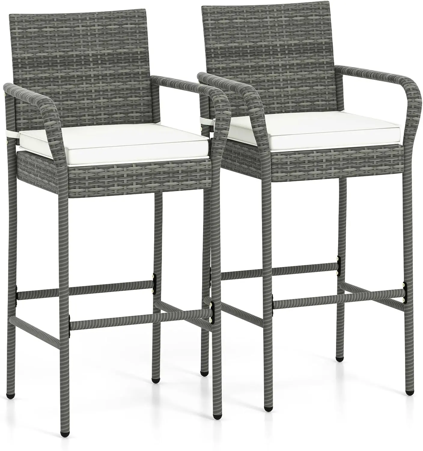 Rattan Bar Chairs Set of 2, Outdoor PE Rattan Bar Stools with Armrests & Seat Cushions, Patio PE Wicker Bar Chairs with 30 Inch