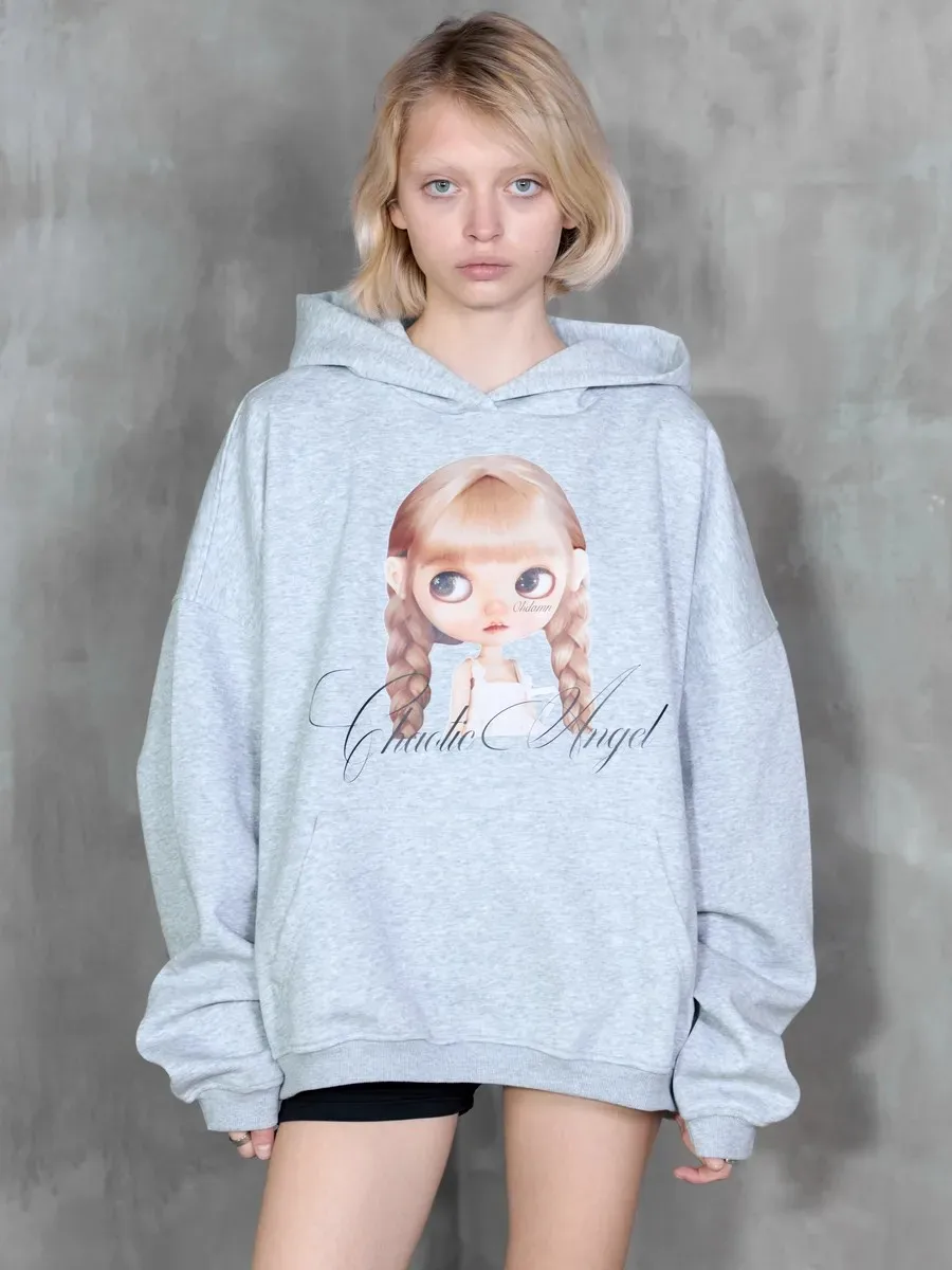 Y2K Gothic Doll Pattern Hoodie Sweatshirt American Street Style Casual Pullover Mens Womens Gray Oversized Pullover Sweatshirt