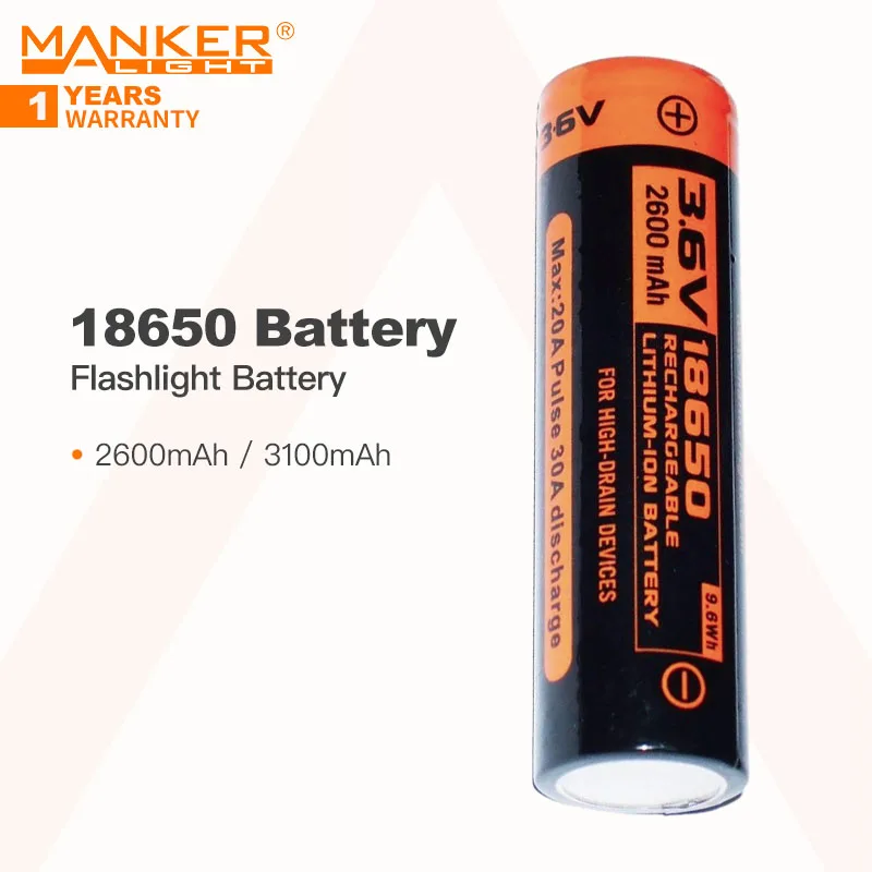 Manker 18650 Battery for Flashlight, Available in 2600mAh / 3100mAh