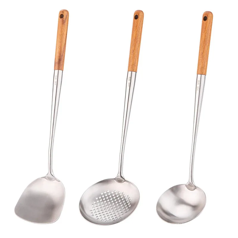 304 Stainless Steel Spatula Spoon Skimmer Ladle, 17-Inch Wok Cooking Utensils with Long Wooden Handle - Kitchen Tools