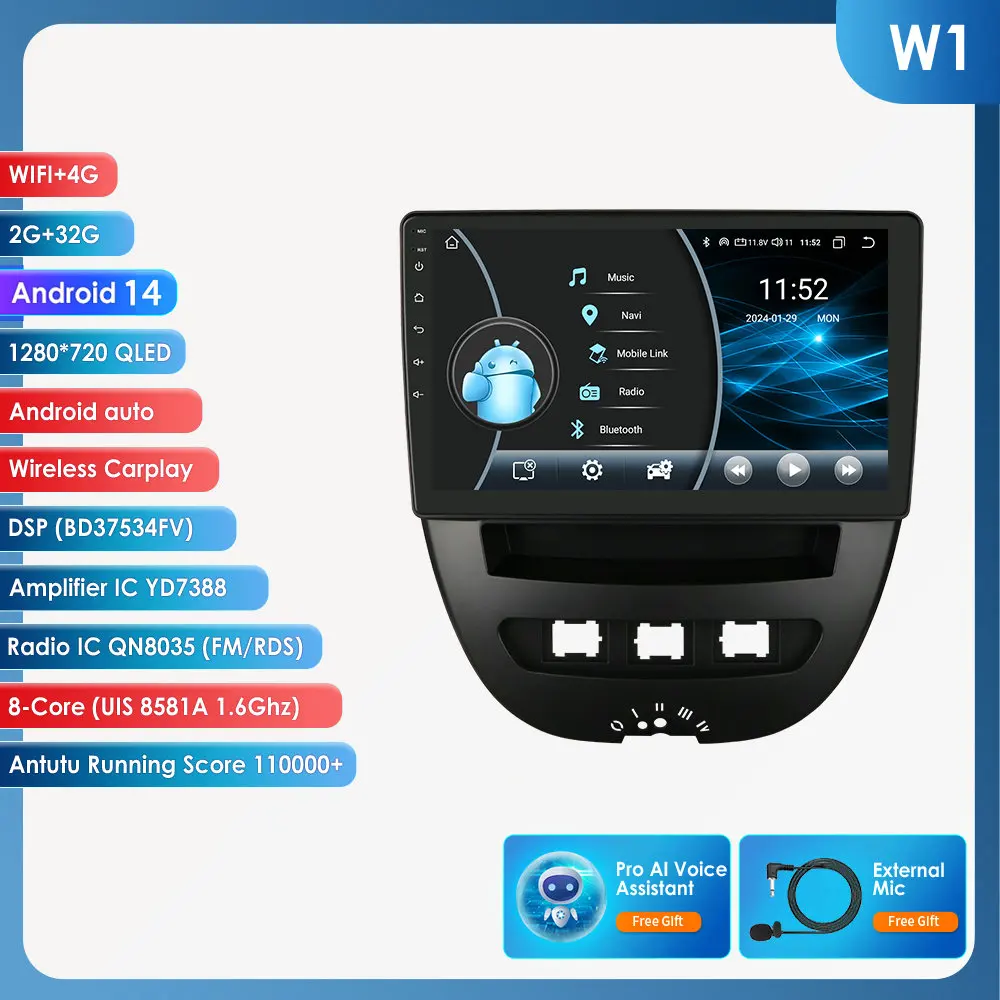 Hizpo Autoradio voor Peugeot 107 2005-2014 Citroen C1 Toyota Aygo Audio Multimedia Speler CarPlay Android Auto GPS WIFI Autoradio
