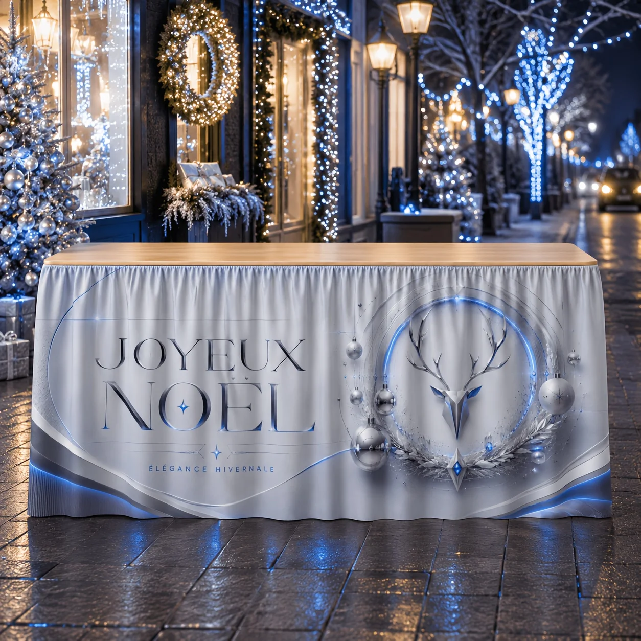 Tablecloth 1 piece. Festive and elegant winter minimalist silver-blue technology table cover for Christmas decorations.xzj