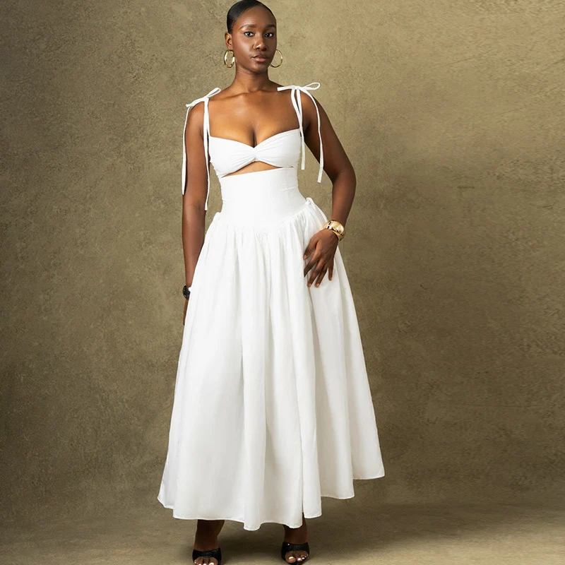 Sexy Spaghetti Strap sin tirantes A-line Vestidos de fiesta mujer sin mangas recortado plisado cumpleaños Club noche Maxi vestido Vestidos