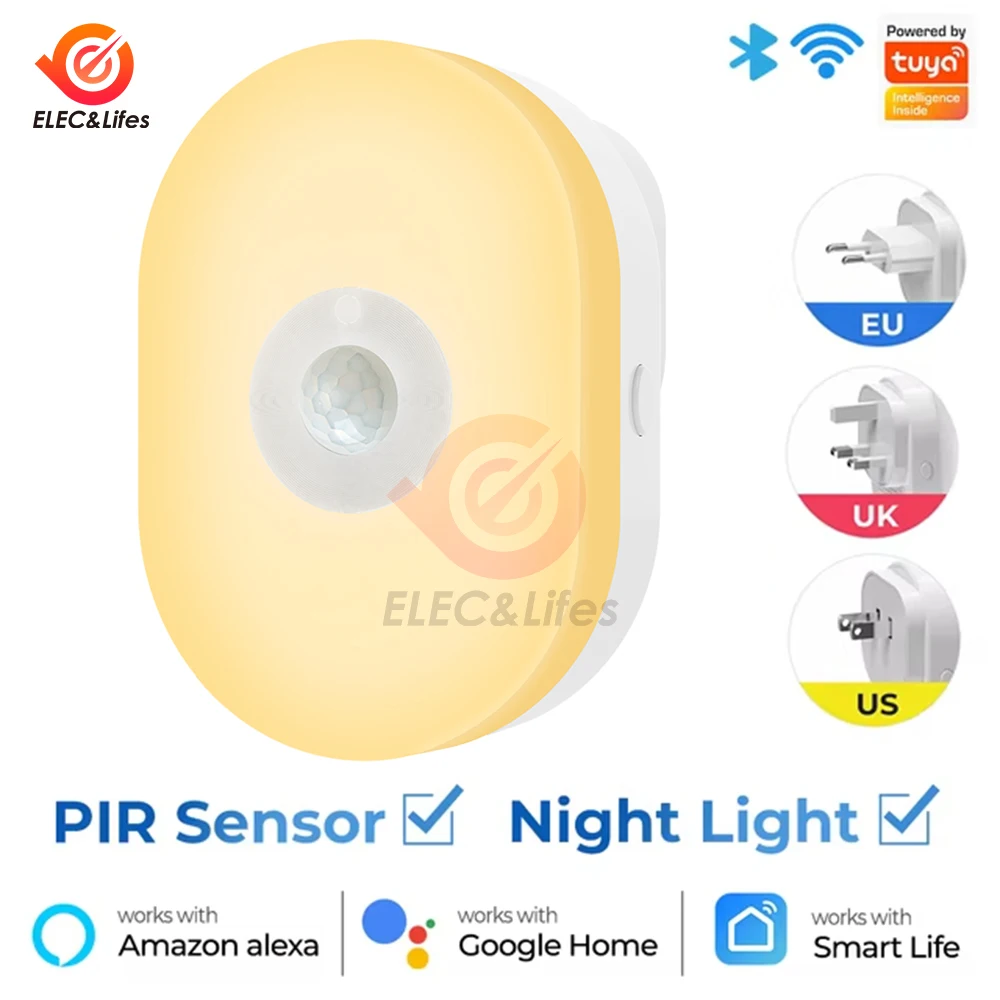 Wi-Fi Smart Led Night Light PIR Датчик движения ЕС Великобритания Подключаемый настенный светильник Теплый белый RGB Приложение для комнаты Голос для Alexa Google Home