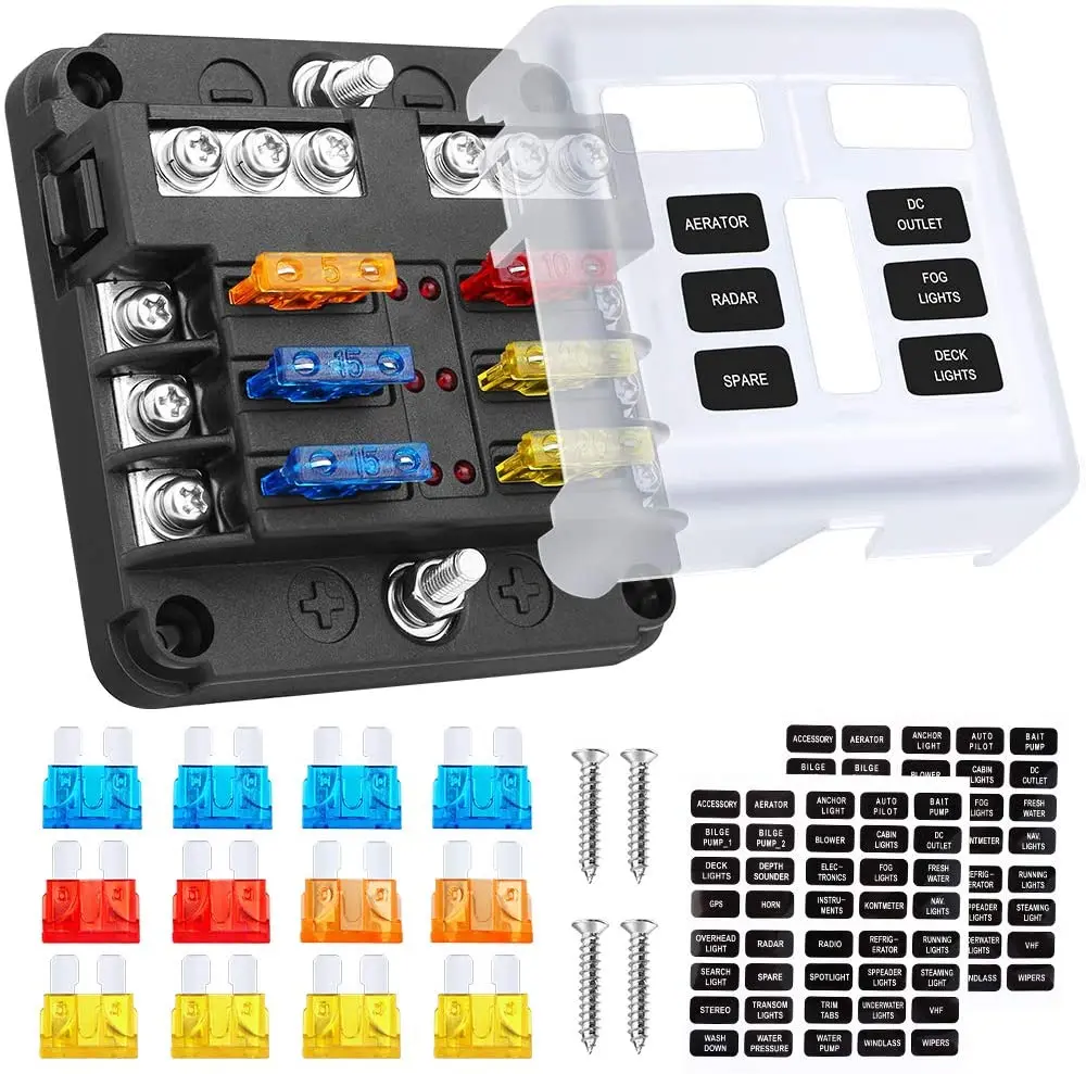 Car Boat Fuse Box Holder With 6 Ways Blade Fuse Holder Block Warning Indicator 12V 36V Power Distribution Panel Board