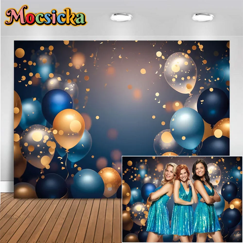 

Mocsicka Birthday Balloon Decor Photography Background Banner Poster Blue Gold Wedding Graduation Backdrop Prop Studio Photocall