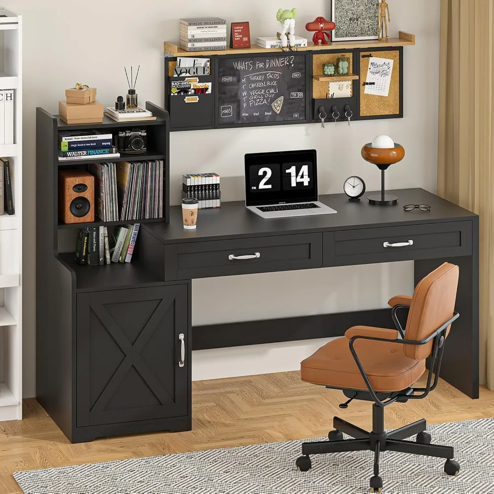 60" Computer Desk with Drawers & Bookshelves for Bedroom, Home Office | Black Desk with Bookcase & Drawers, Executive Desk Writing Study Table with Storage, Home Office Desks