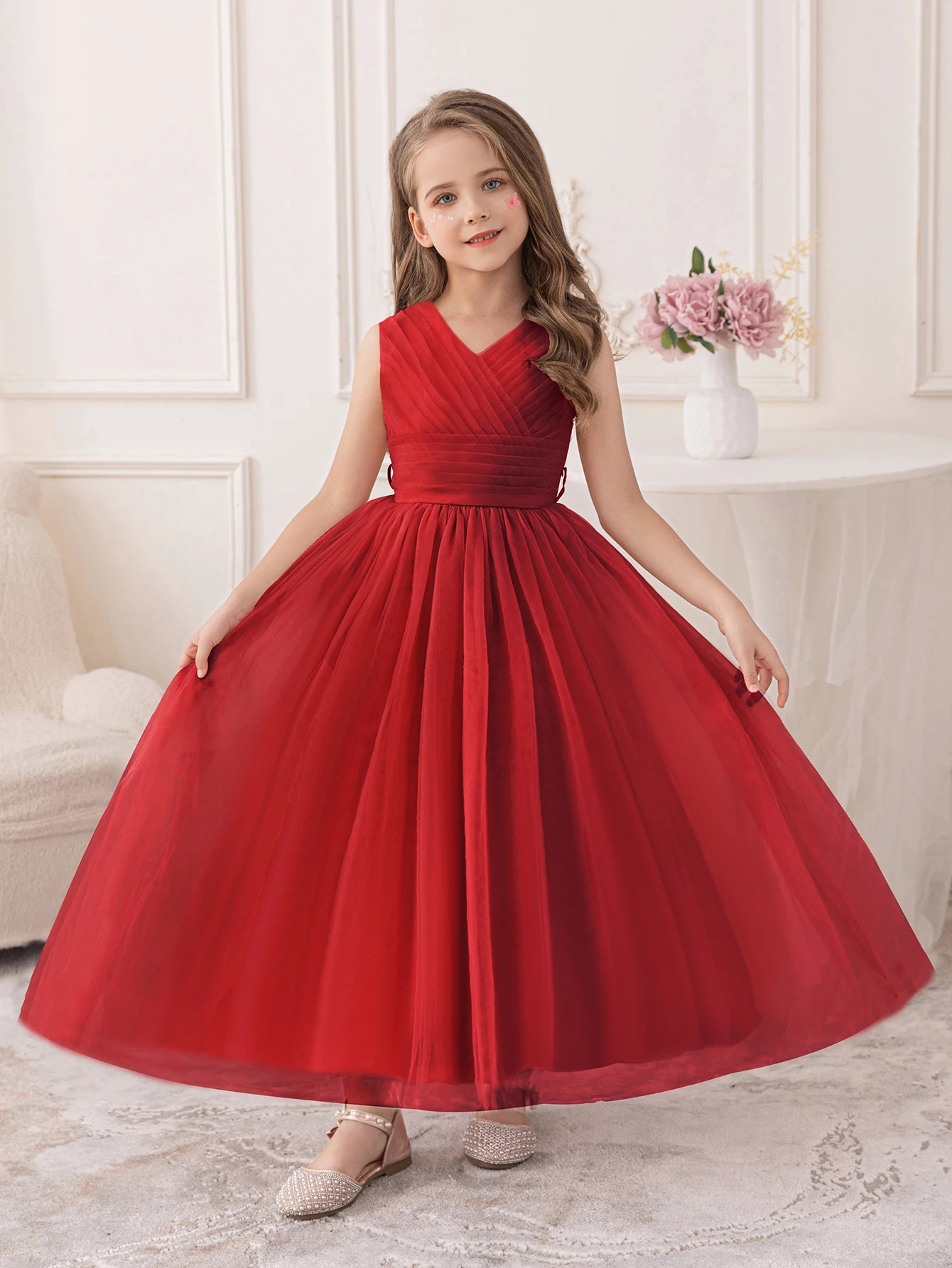 

Girl's Birthday Party Wedding Flower Girl Fluffy Gauze Dress Red Long Dress