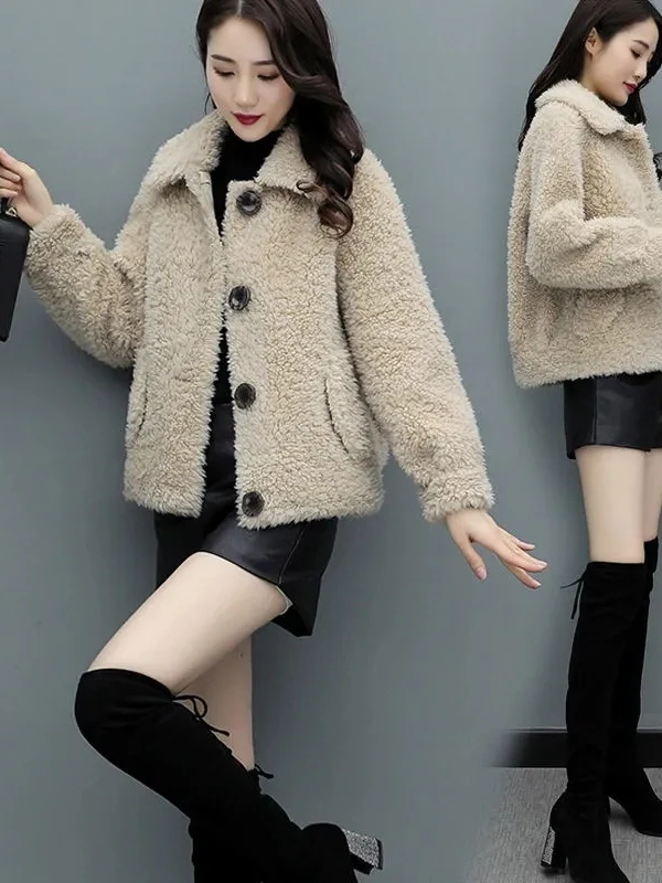 Abrigo de Piel de Cordero de Talla Grande para Mujer, Estilo Coreano, Holgado, con Bolsillos, Grueso, para Otoño e Invierno