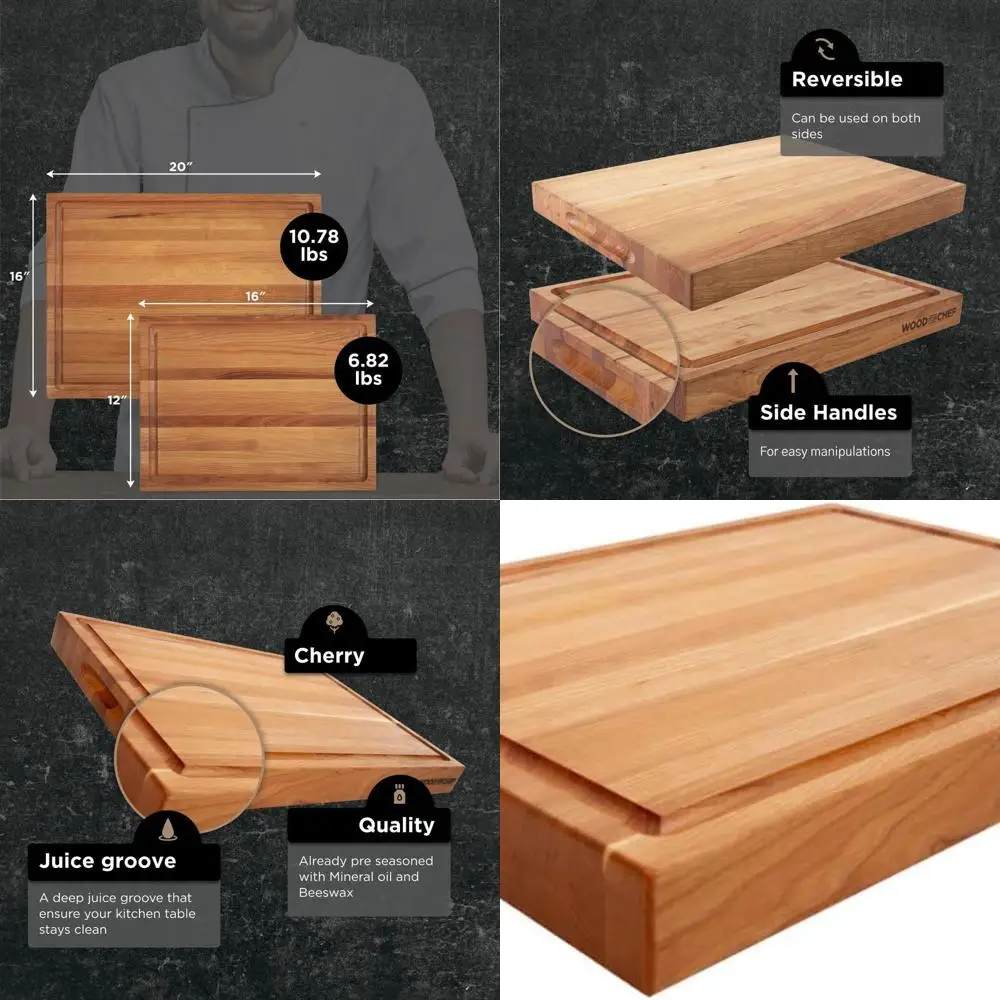 

American Cherry Reversible Butcher Block with Juice Groove - 16x12x1.5 inches Chopping Board for Meat and Juicy Veggies