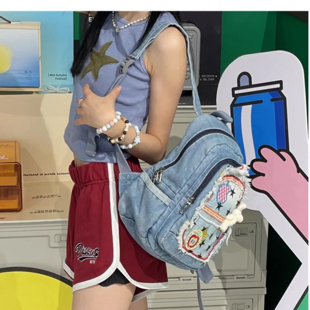 JIAERDI Harajuku Denim Backpack Women New Hot Girls Star Chic Patchwork Mini Backpacks Female Subcultures Y2k Mochila Aesthetic