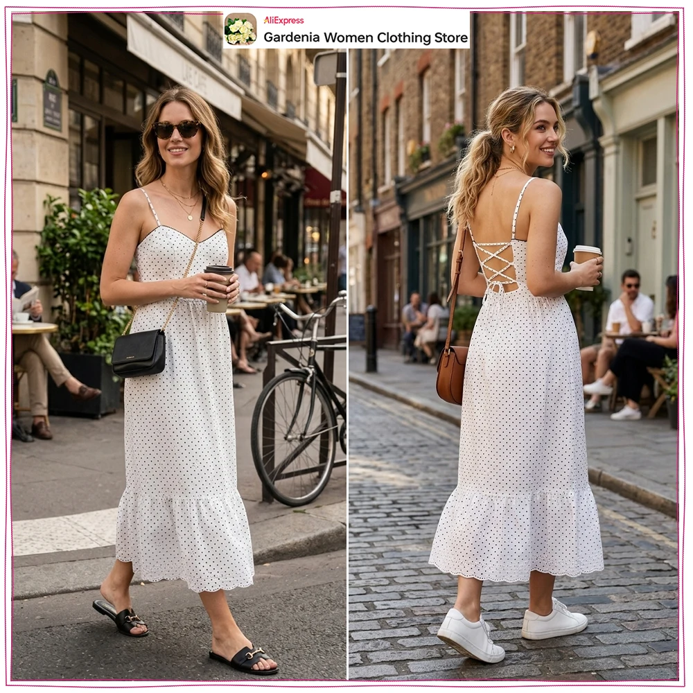 New in Summer Fashion Women Printed Embroidered Eyelet Midi Dresses Fabulous V-neck and Spaghetti Strappy Dresses with Lace Trim