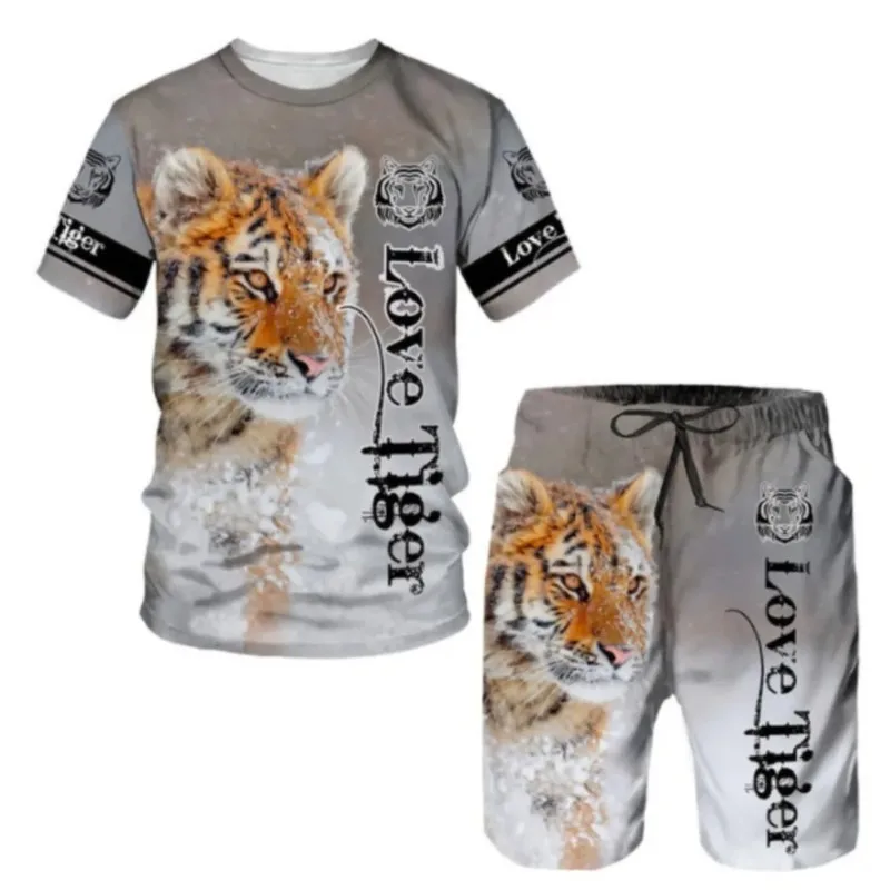Summer Men's Sets Shorts Outfits 3D Tiger Printed Short Sleeve T-shirt 2 Pieces Casual Tracksuit Oversized Beach Sportwear New