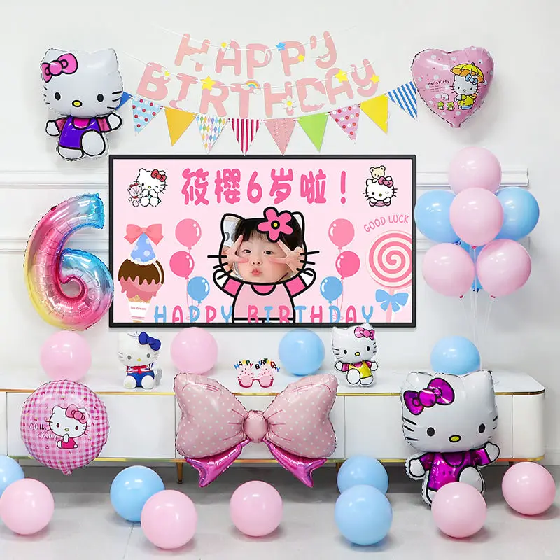 Hellokittys Theme Party Decoration Set, Balão de Feliz Aniversário, Suprimentos Divertidos, Decoração Colorida Kt Cat, Presente para Meninas e Crianças