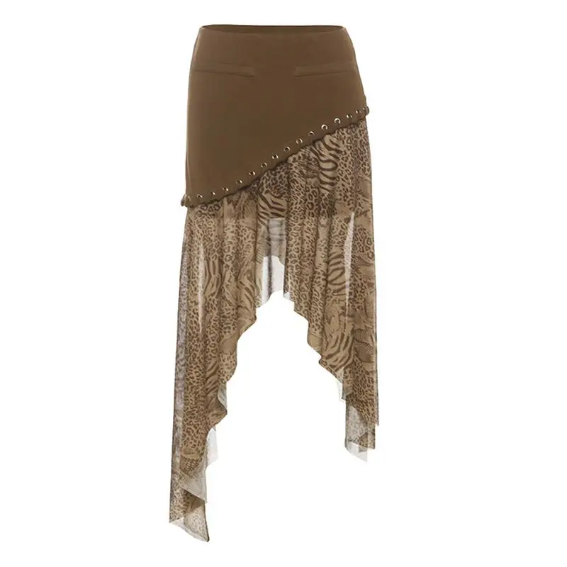 

Retro Style Leopard Print Splicing Skirt Women's Irregular High Waist Medium and Long Skirt
