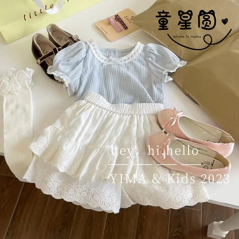 

Children's Clothing New Spring and Summer Girls' Puff Sleeve Short SleeveTChildren's Hollow Two-Piece Overskirt Suit T-shirtt