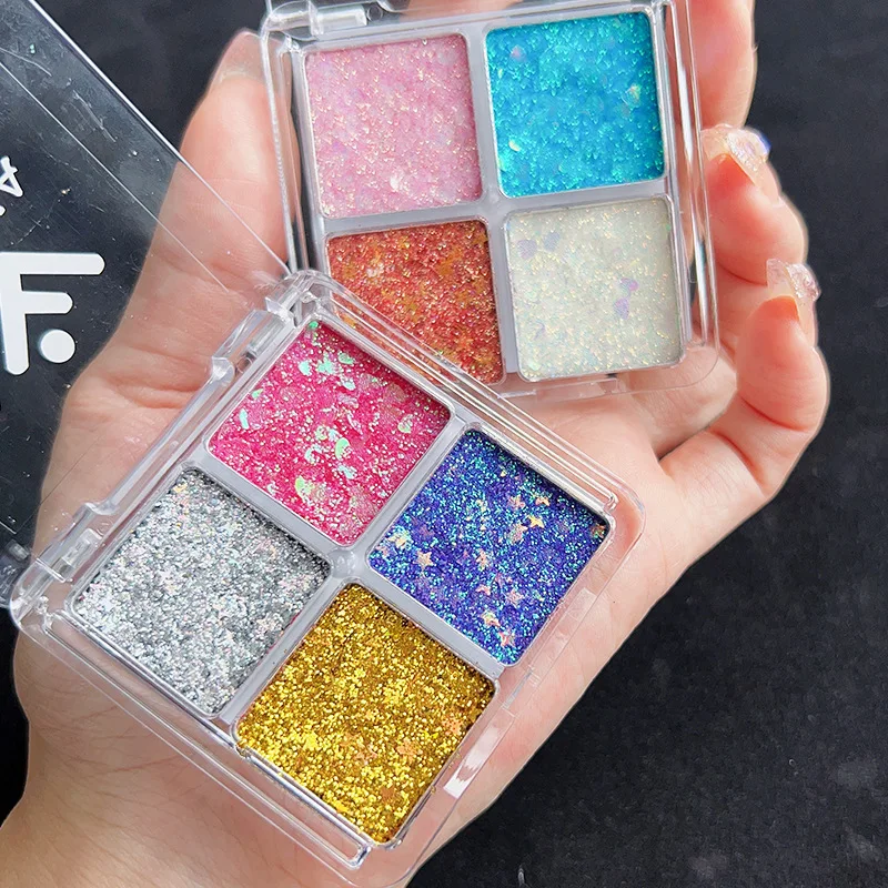 4 in 1 Sparkly Eyeshadow Glitter Gel Cream Shimmer Gold Silver Star Heart Sequin Face Body Palette Eye Makeup for Festival Daily