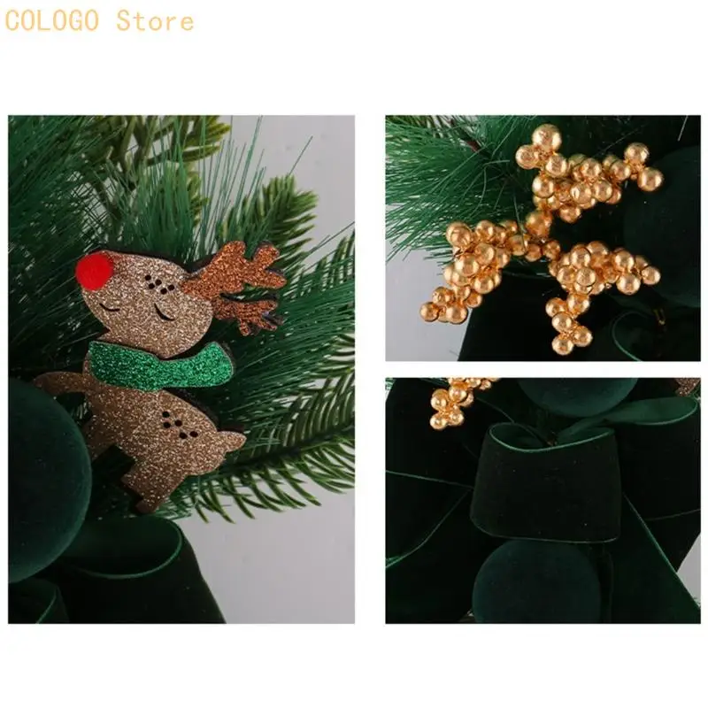 Holiday Room Hanging Piece with Faux Pine, Deer Charm and Ribbon Detail for Entry Area and Indoor Seasonal Display D0LD