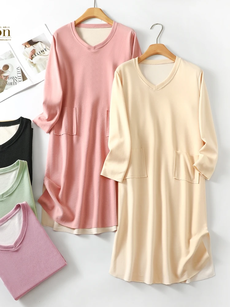 Thickened Long Sleeve V-Neck Mid-Length Dress Women's Sleepwear Pure Cotton Home Clothes Warm And Comfortable Winter Nightgown