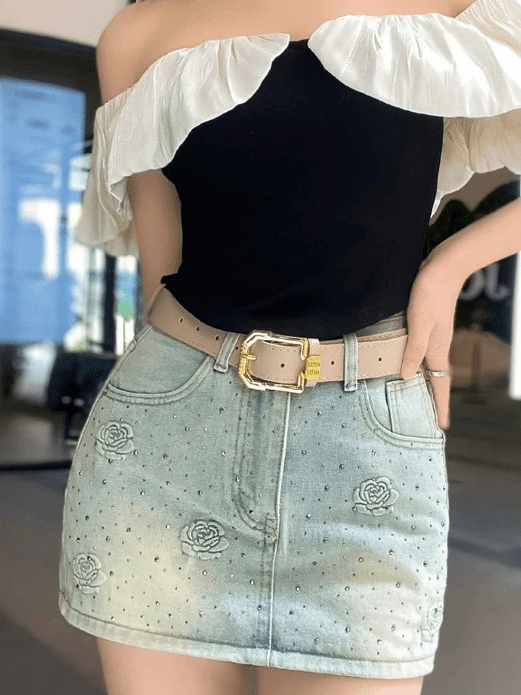 

Rose Embellied Denim ort Skirt Women's High Waist A-Line Skirt Luxury Ins Sle Anti-Light Walking Skirts