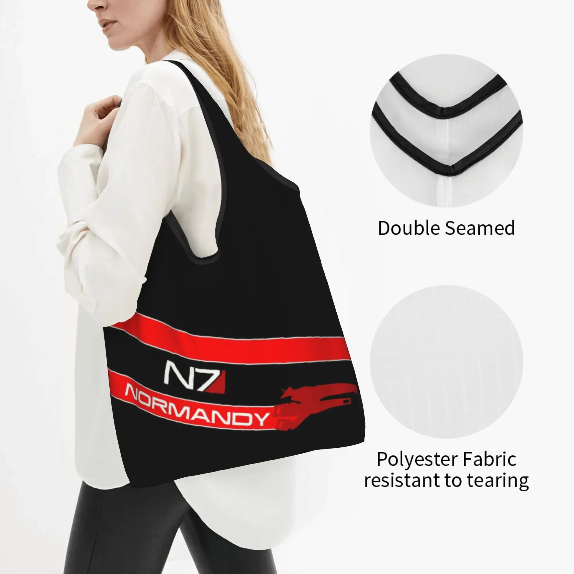 Custom Normandy Video Game  N7 Shopping Bags  Portable Big Capacity Groceries Mass Effect Alliance Military Tote Shopper Bags