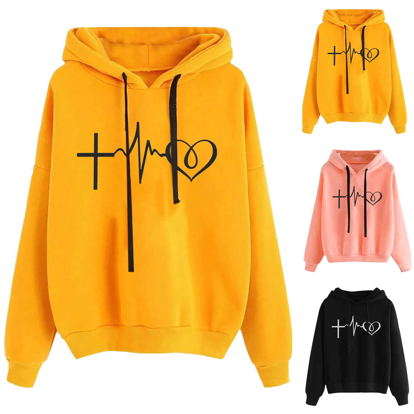 Fashion Heartbeat Printed Women Hoodies Lightweight Large Size Loose Pullover Female Solid Color Drawstring Hooded Sweatshirts