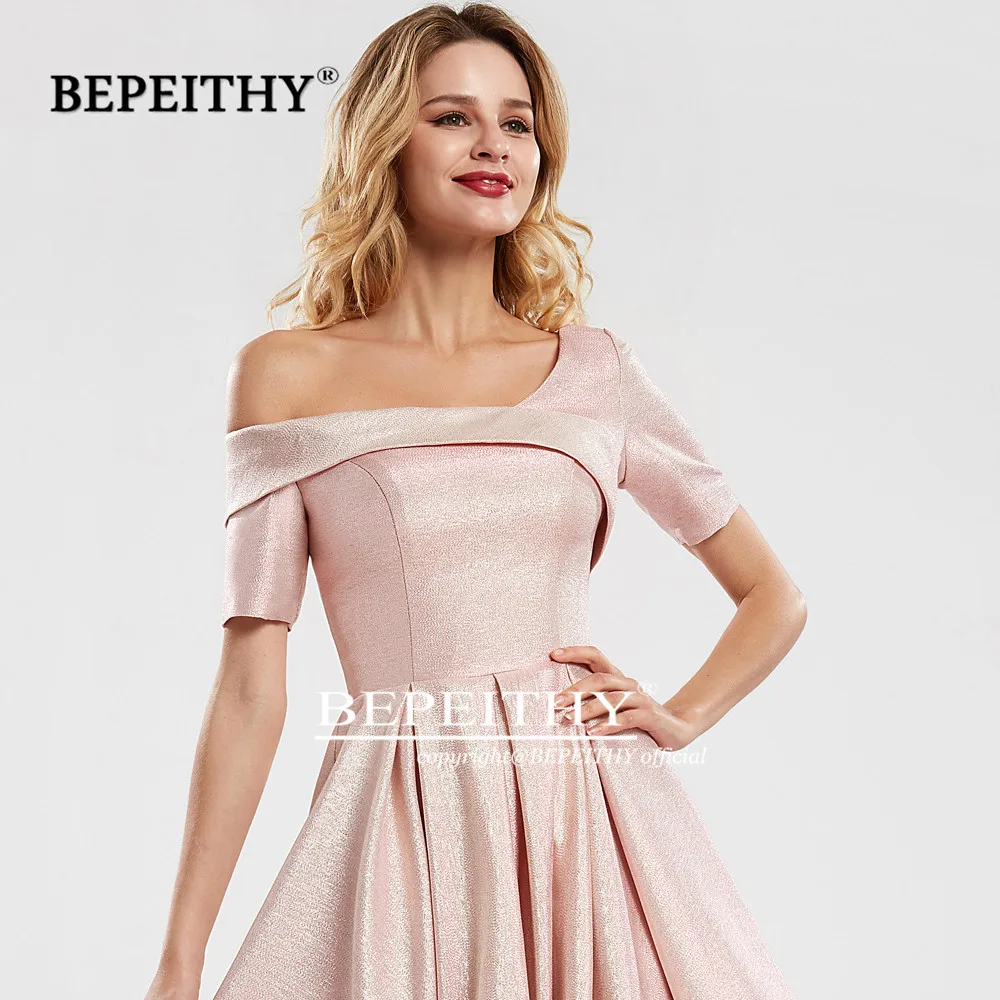 BEPEITHY Customized One Shoulder Short Sleeves Long Evening Dresses Pink Glitter Prom Dress 2023 Vestido De Fiesta De Boda