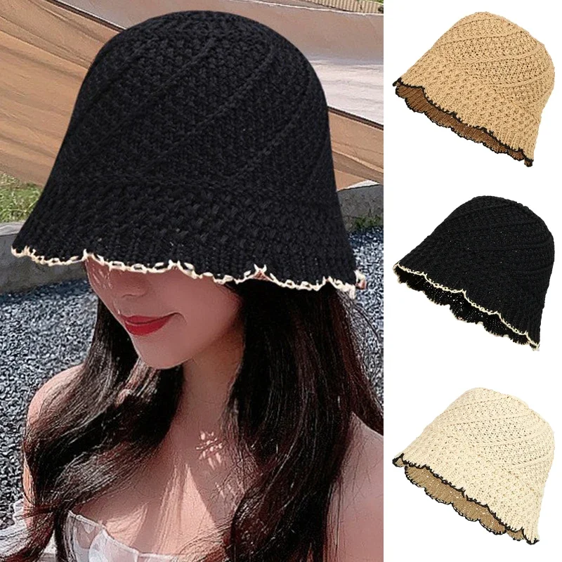 

Knitted Bucket Hat with Edge Women Thin Beanies Summer Sunshade Beach Hat Lady Hollow Out Sun Protection Hats Foldable Basin Cap