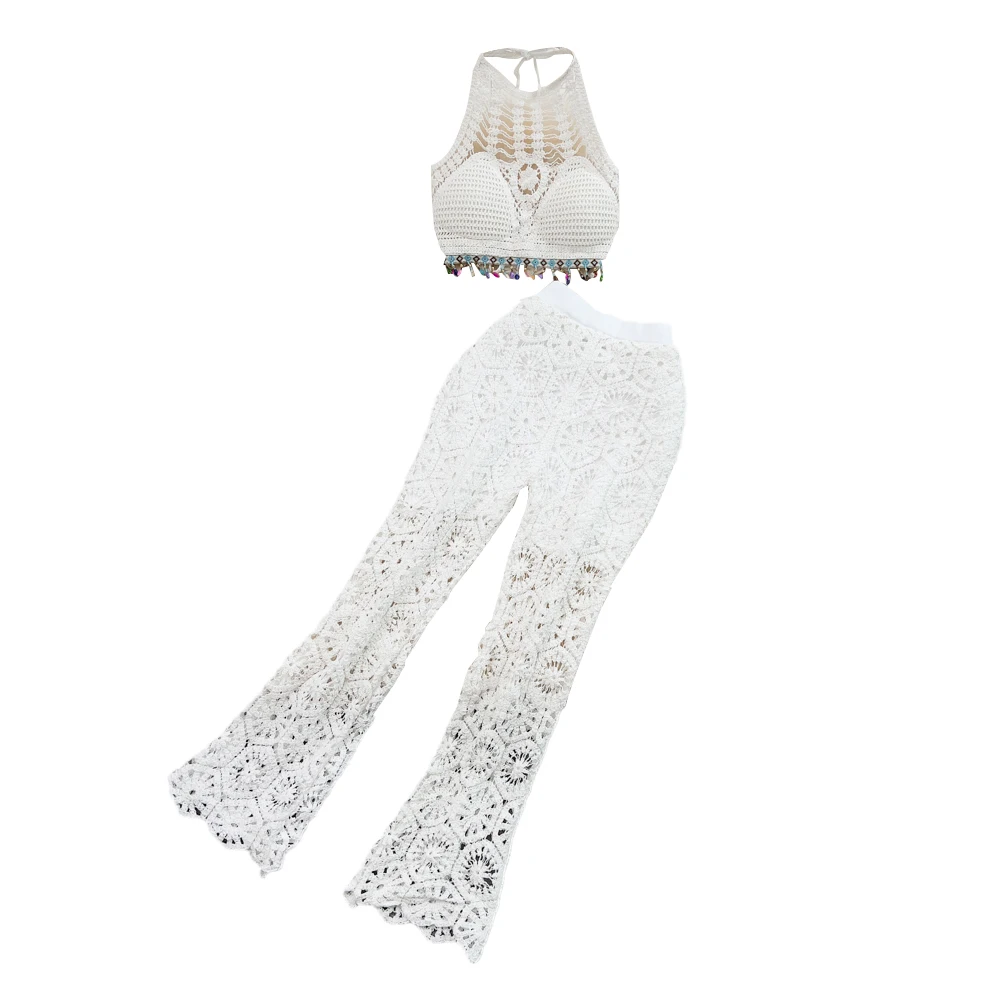Conjunto casual de playa para mujer, top con diseño de flores y gancho calado, plones acampanados de cintura alta y efect...
