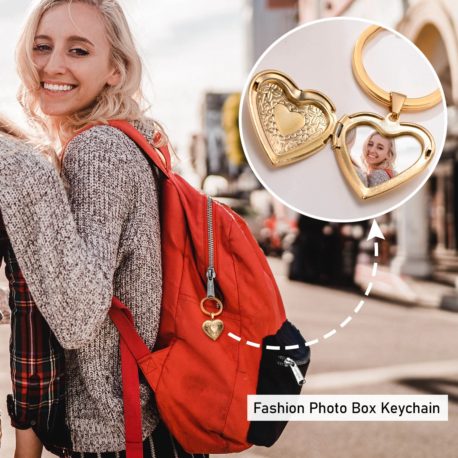 Gold Color Heart Keychain, Photo and Text Engraved, Stainless Steel Charm Keyring Mother\'s Day Gift