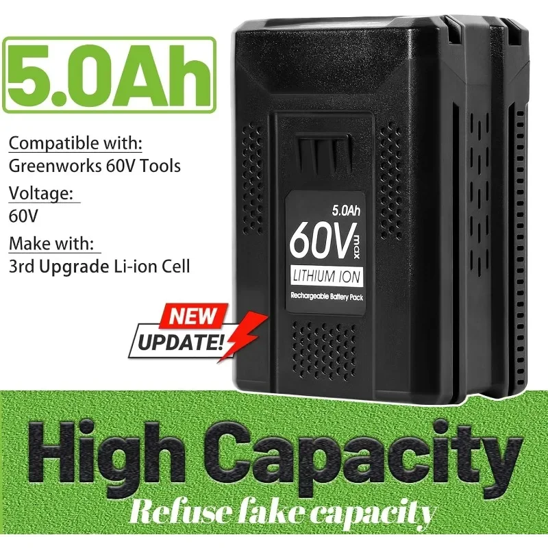 5.0Ah 60V Replace Battery for Greenworks 60V Battery Cordless Power Tools Max Lithium-ion Battery