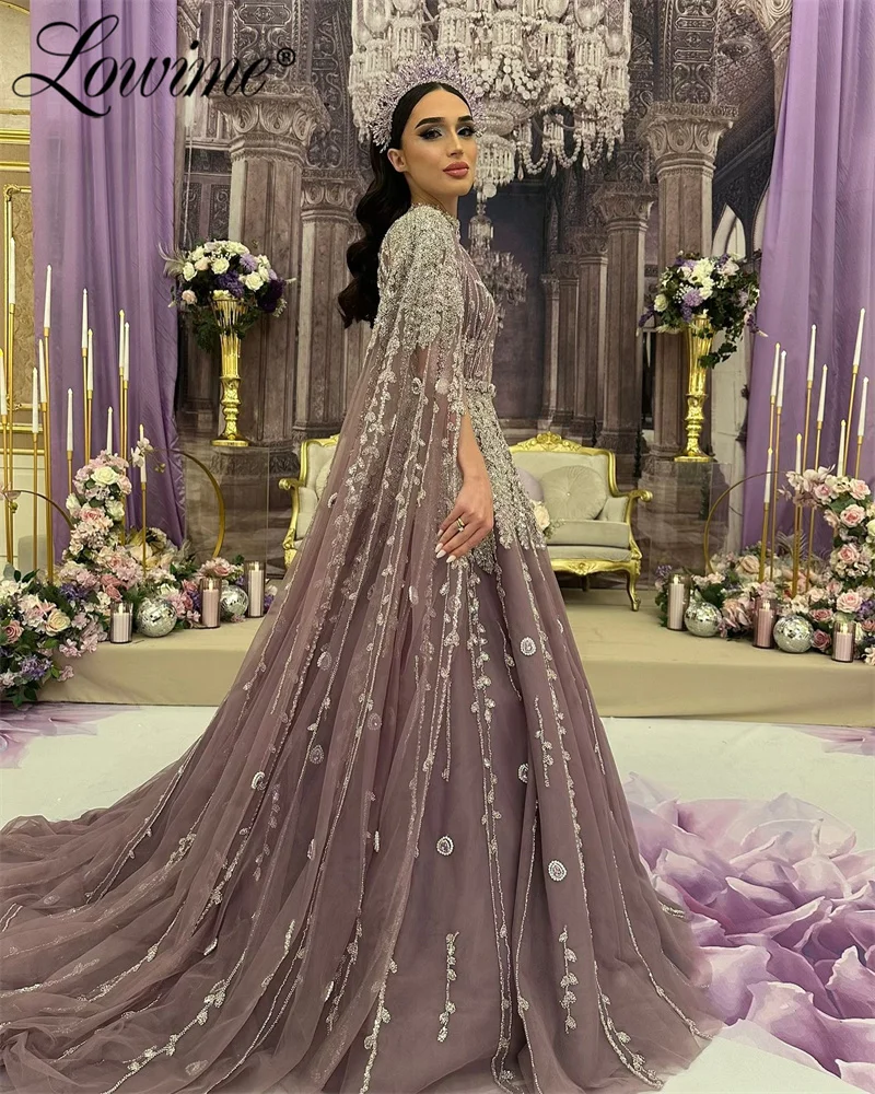 2025 Arabic Dubai Purple A Line Cape Sleeve Crystals Beaded Saudi Evening Dresses Gowns Customized Wedding Prom Party Dress Robe