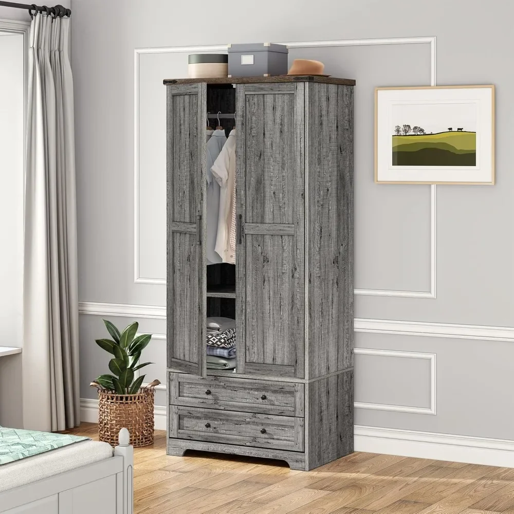 

Armoire Wardrobe Closet with 2 Modern Doors, 71" Tall Freestanding Closet Wardrobe Cabinet with Drawers and Hanging Rail