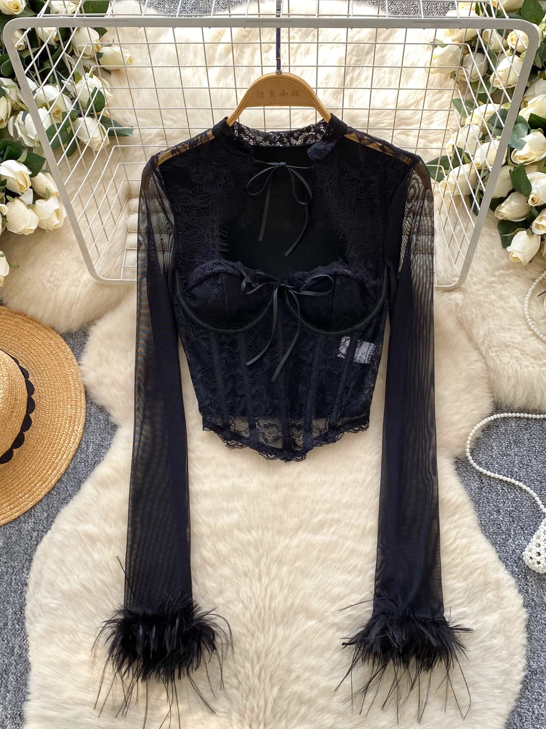 Mulheres preto gótico o-pescoço camisas e blusas vintage y2k 2000s manga longa malha rendas retalhos camisa roupas primavera outono 2025