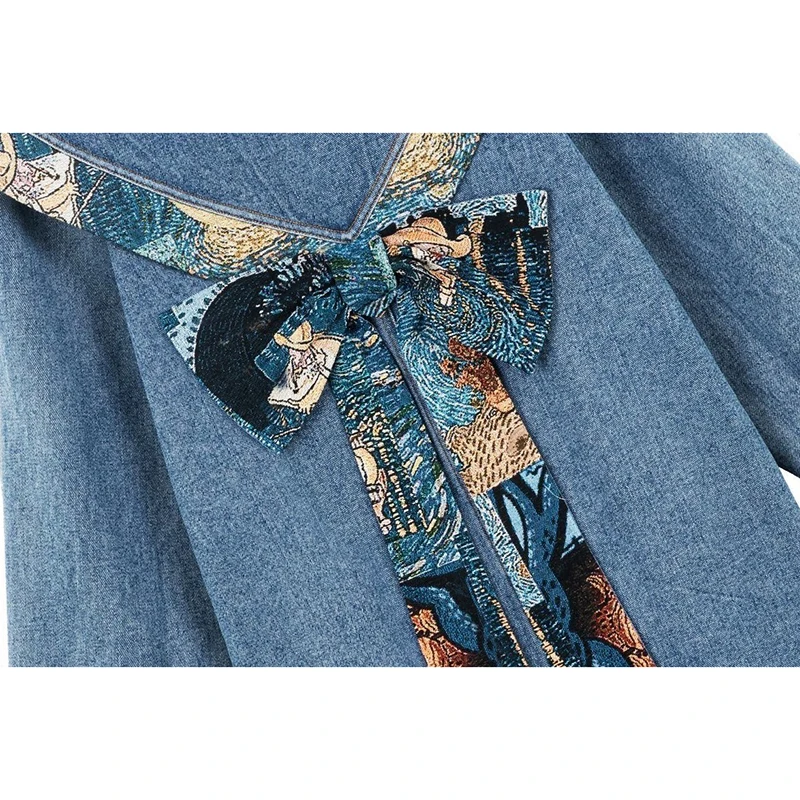 Jaqueta jeans vintage outwear feminina 2025 primavera outono nova moda design artístico jacquard arco jeans jaqueta solta topos