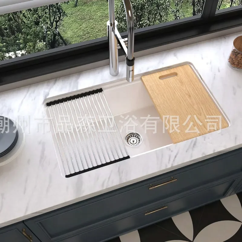 Modern Ceramic Kitchen Sink Front Straight Edge Farmhouse Style Vegetable Basin American Retro Recessed Design Fire Resistant