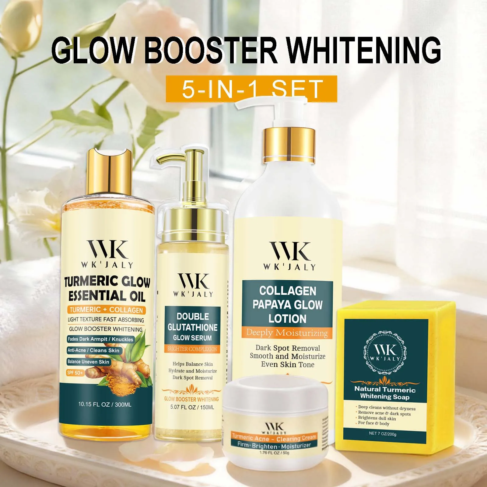 Set de Cuidado de la Piel Blanqueador WK JALY, Hidrata con Colágeno, Glutatión y Cúrcuma Natural, Elimina el Acné, Manchas Oscuras, Unifica el Tono de Piel