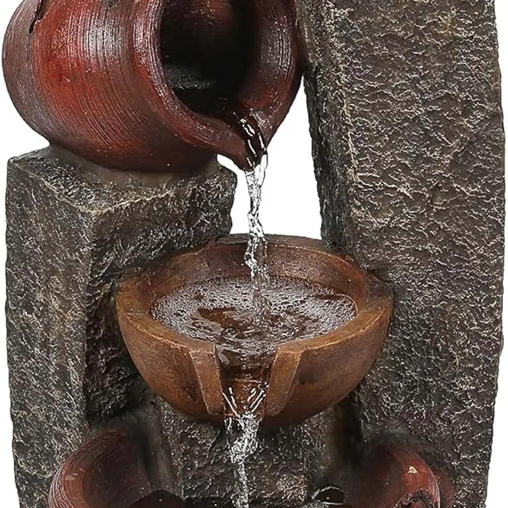 

32-Inch Rustic Outdoor Water Fountain with Cascading Pitchers and LED Lights, Farmhouse-Style Garden Decor