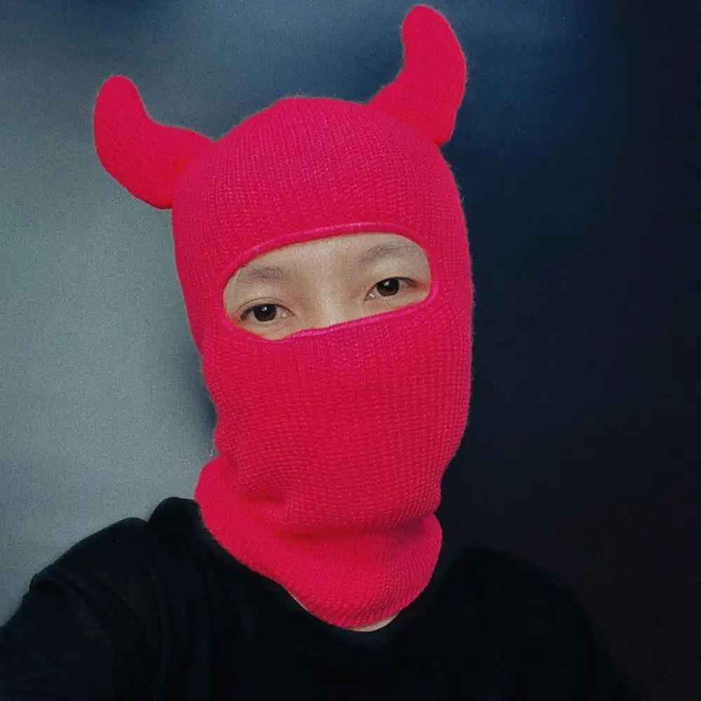 Pullover Hat Horns Balaclava Knitted Caps Single Hole Warm Full Face Ski Mask Ox Horn Breathable Halloween Cotton Hat Winter
