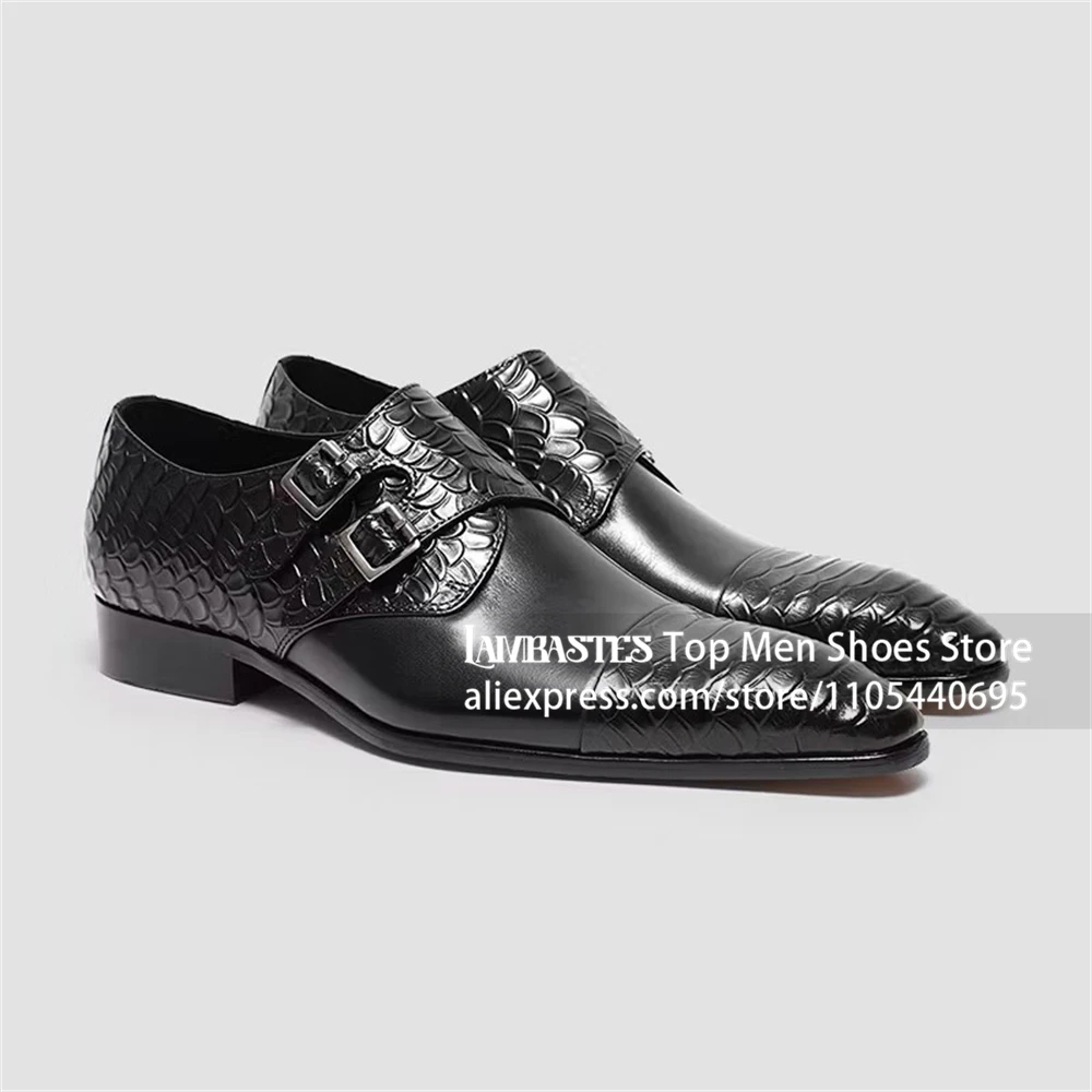 Crocodile Embossed Double Monk Strap Shoes Cap Toe Double Monk Dress Shoes Embossed Leather Luxury Leather Men Shoes for Wedding