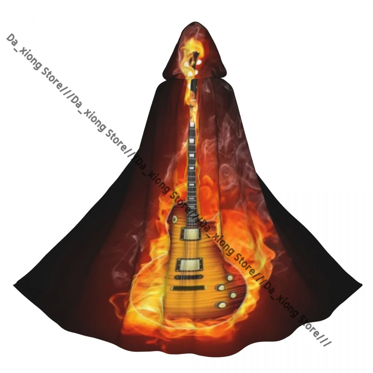 

Unisex Halloween Cloak Electric Guitar In Fire Background Cape Hooded Medieval Costume Witch Wicca Vampire