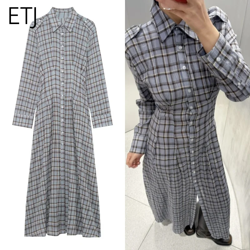 ETJ 2026 Frühjahr Damen Neue Kollektion - Elegantes und Schlichtes Schulteremblem-Verziertes Kariertes Hemdkleid