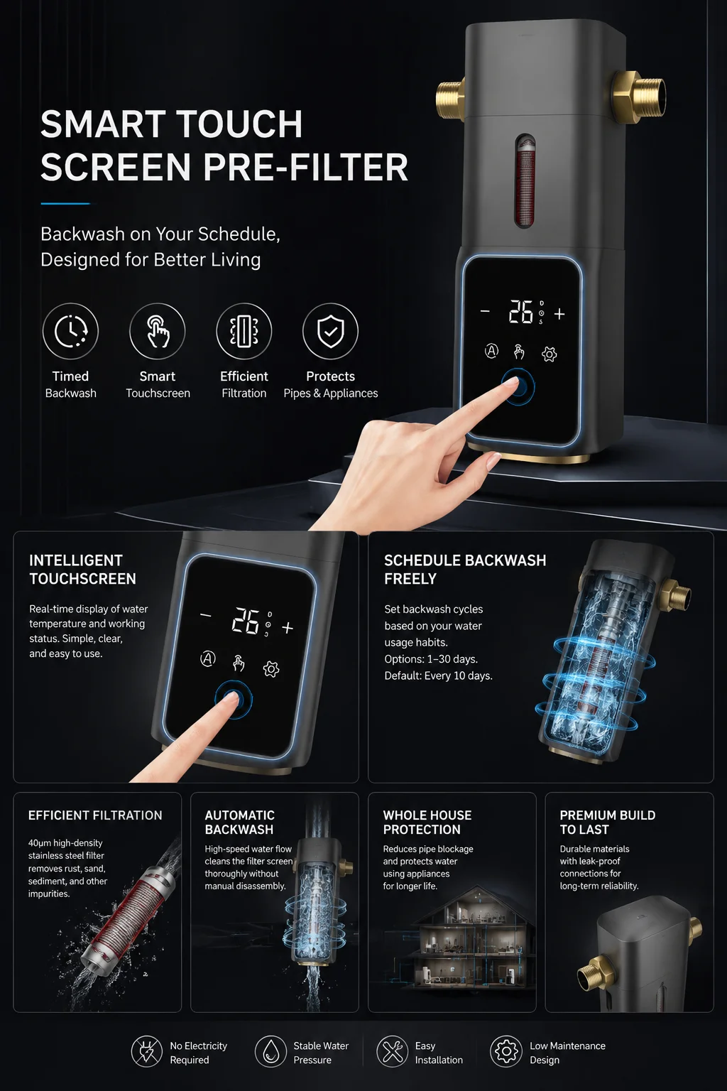 Whole House Spin Down Sediment Water Filter, Touch Screen Auto Flushing Reusable Pre Filter for Tap Water