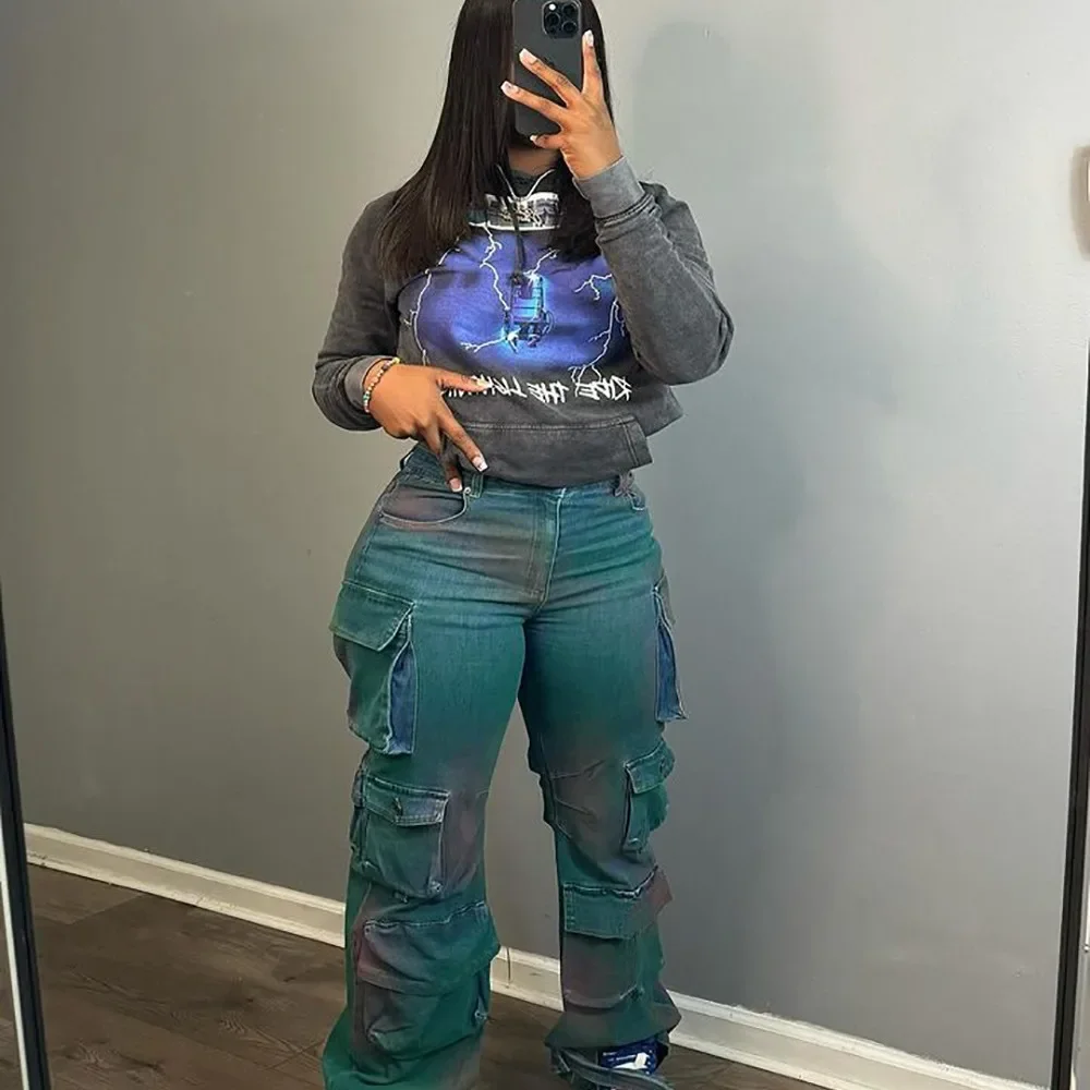 

Women Jeans Long Pants Denim Y2k Pant High Waist Button Pocket Casual Loose Pockets Tie Dye Straight Trousers Autumn Streetwear