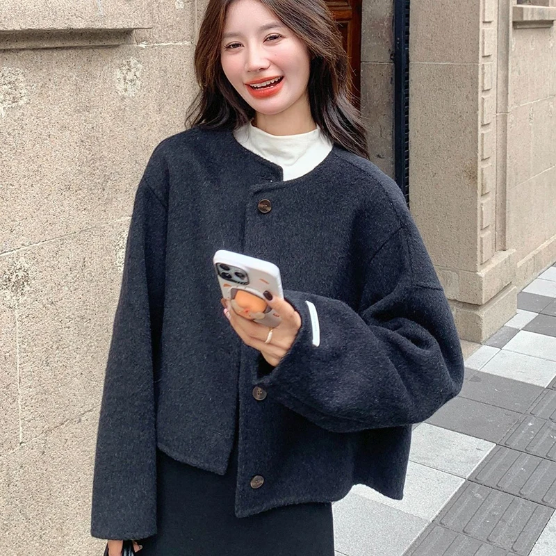 Women Woolen Coat Collarless Cropped Jacket Round Neck Oversized Drop Shoulder Button Down Short Outerwear Winter Cardigan Top