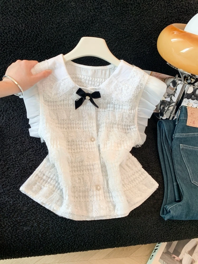 

Sweet Style Knot Doll Collar Lace Splicing Shirt Women's Summer New Small Fragrance Wind Absolutely Beautiful Top