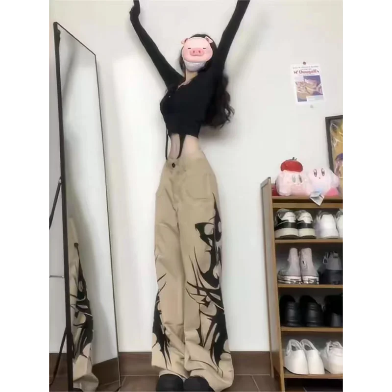 American High-waist Loose Street Casual Pants Women Hottie Ink Print Retro Draped Straight Trousers