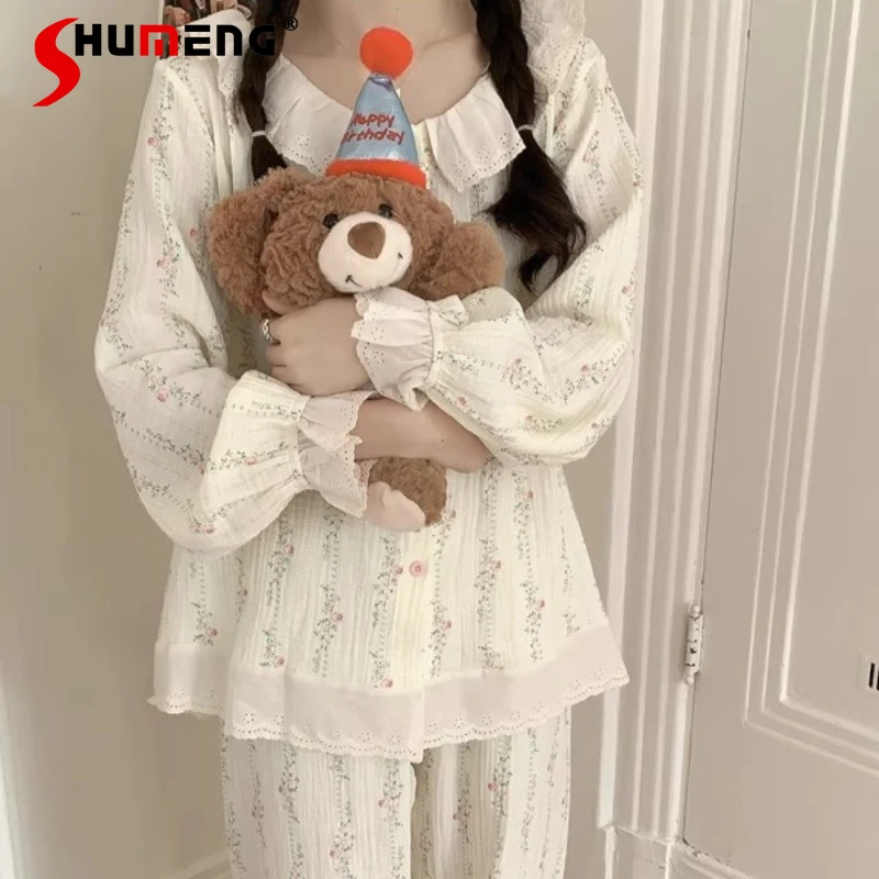 Ensemble pyjama en gaze de coton pur pour femmes, Style princesse doux, costumes de sommeil haut de gamme, ensemble de vêtements de maison de Style doux, automne