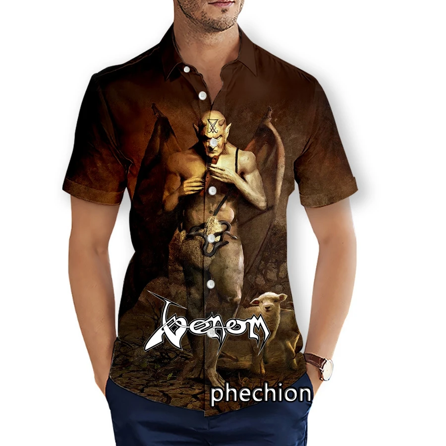 phechion Mens Short Sleeve Beach Shirts Venom Band 3D Print Casual Shirts Fashion Streetwear Men Tops X246