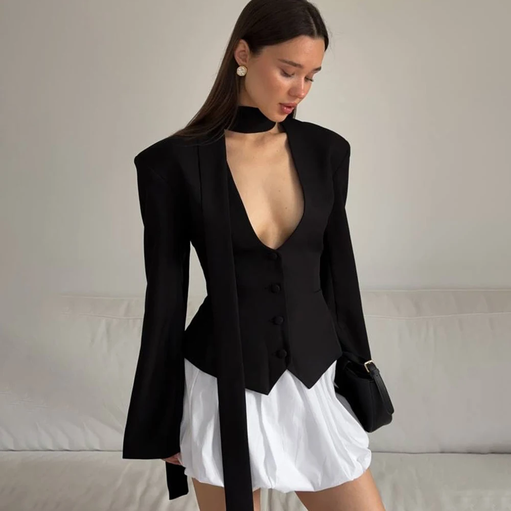Talenza 女性のファッションブレザー新固体 V ネックスカーフリボン長袖スリムブレザーエレガントな高級シックなパーティー女性ブレザーコート